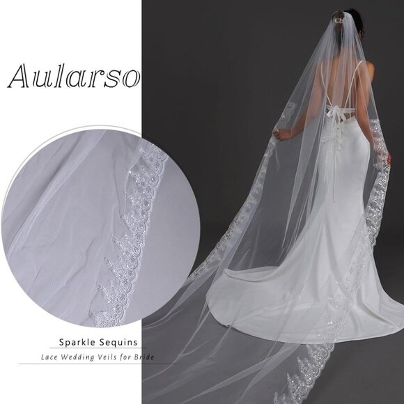 Lace Wedding Veil Tulle 118-Inch Long Cathedral Bridal Veels for Brides - Picture 3 of 7